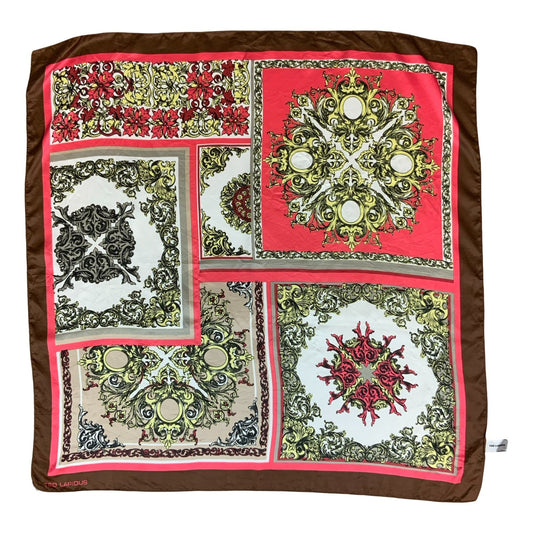 VTG 80s 'TED LAPEDUS' BROWN RED FLORAL OPULENT INTRICATE FRENCH SQUARE SCARF