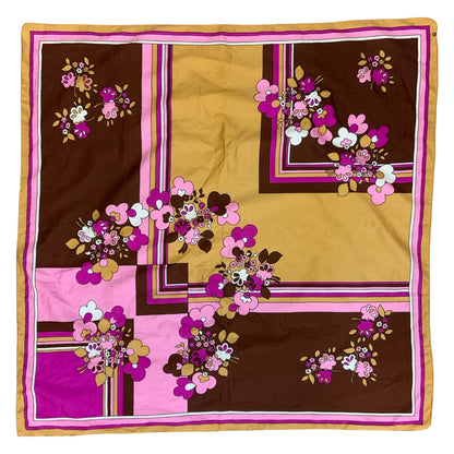 VTG 70s BROWN PINK FLORAL DETAILED PATTERN PLAID HANDKERCHIEF SQUARE SCARF