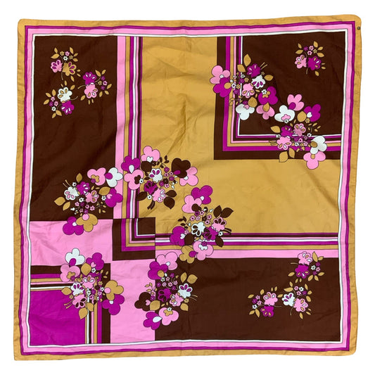 VTG 70s BROWN PINK FLORAL DETAILED PATTERN PLAID HANDKERCHIEF SQUARE SCARF