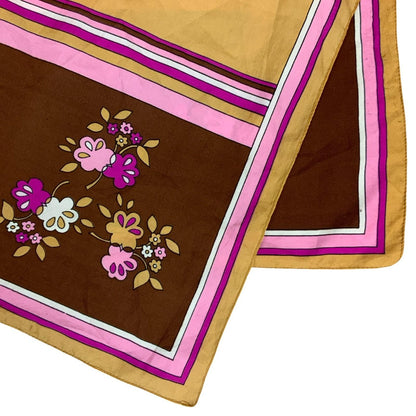 VTG 70s BROWN PINK FLORAL DETAILED PATTERN PLAID HANDKERCHIEF SQUARE SCARF