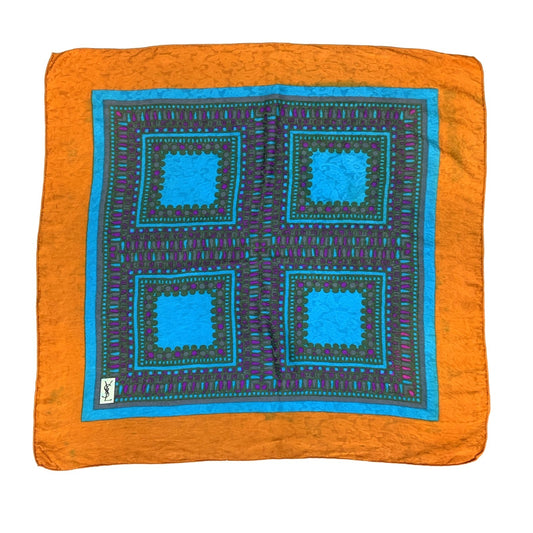 VTG 70s 80s YSL 'YVES SAINT LAURENT' ORANGE BLUE GEOMETRIC SILK SQUARE SCARF