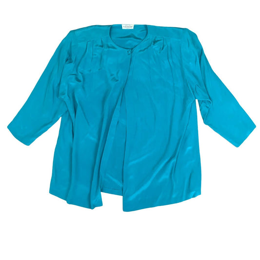 VTG 80s 'LOUIS FERAUD' PARIS TEAL BLUE OPEN BLOUSE SHACKET 100% SILK UK 16