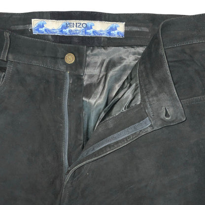 Vtg 80s 'Kenzo' Black Soft Velvet Silk Lined Casual Straight-Leg Trousers UK 16