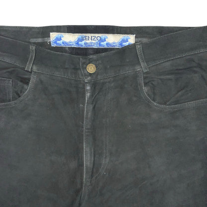 Vtg 80s 'Kenzo' Black Soft Velvet Silk Lined Casual Straight-Leg Trousers UK 16