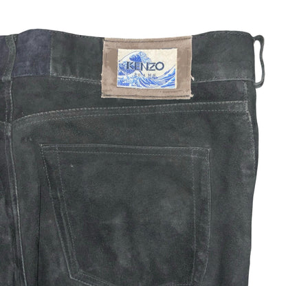 Vtg 80s 'Kenzo' Black Soft Velvet Silk Lined Casual Straight-Leg Trousers UK 16