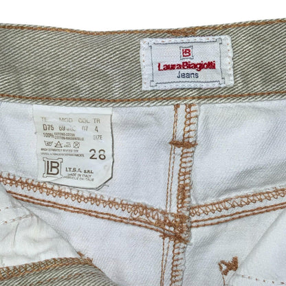 VTG 90s 'Laura Biagiolli Jeans' Light Wash Cream Frayed Denim Mini Skirt UK 10