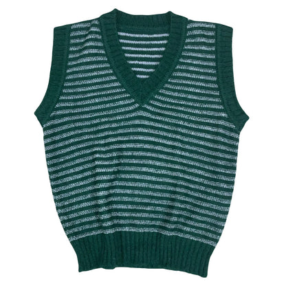 VTG Green Grey V-Neck Striped Sleeveless Knit Sweater Vest Medium UK 12/14