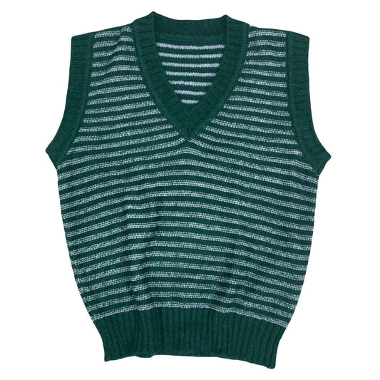 VTG Green Grey V-Neck Striped Sleeveless Knit Sweater Vest Medium UK 12/14