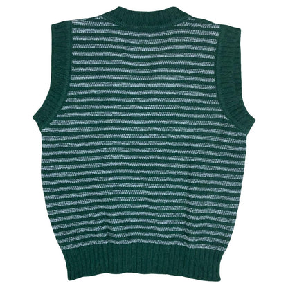 VTG Green Grey V-Neck Striped Sleeveless Knit Sweater Vest Medium UK 12/14
