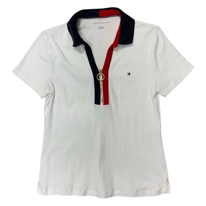 VTG 'Tommy Hilfiger' White Blue Red Interlock Zip Regular Fit Polo Shirt UK 10