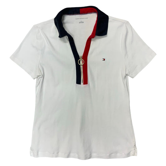 VTG 'Tommy Hilfiger' White Blue Red Interlock Zip Regular Fit Polo Shirt UK 10