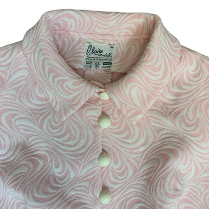 Vtg 70s 'Claire Madelle' Pink White Swirl Psychedelic Peplum Blouse UK 10/12