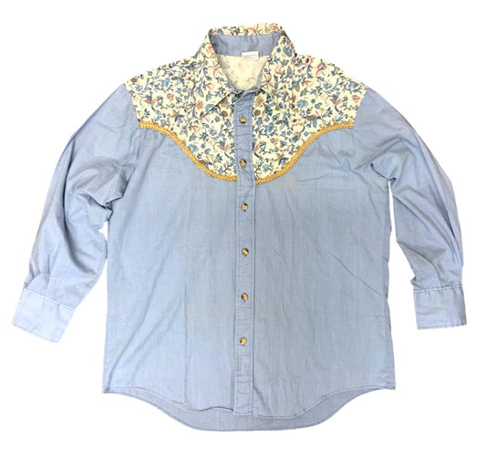 VTG 70s USA MONTGOMERY WARD FLORAL YOKED COTTON WESTERN SHIRT COUNTRY XL
