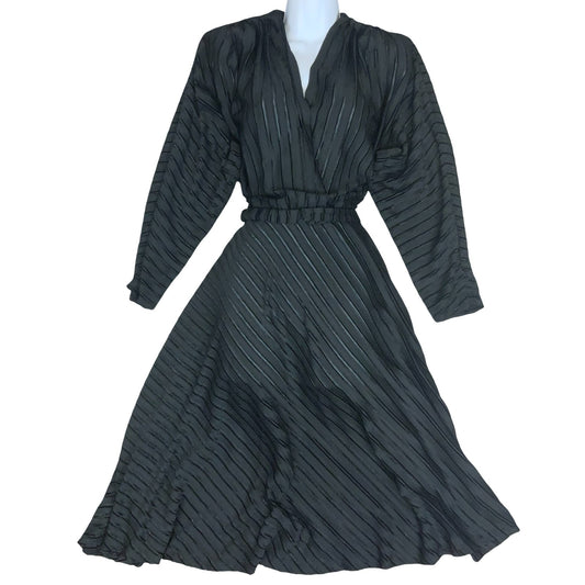 Vtg Black Wrap-Style V-Neck Textured Stripe Belted A-Line Midi Party Dress UK 8