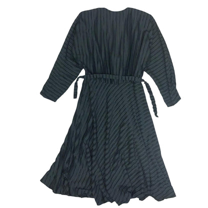 Vtg Black Wrap-Style V-Neck Textured Stripe Belted A-Line Midi Party Dress UK 8