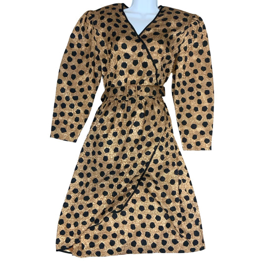 Vtg 80s 'Fink Modell' Gold Black Animal Giraffe Print Wrap-Style Dress UK 16