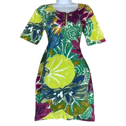 Vtg 'Les Copains' Green Purple Colourful Floral Mini Figure-Hugging Dress UK 10