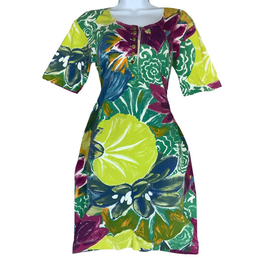 Vtg 'Les Copains' Green Purple Colourful Floral Mini Figure-Hugging Dress UK 10