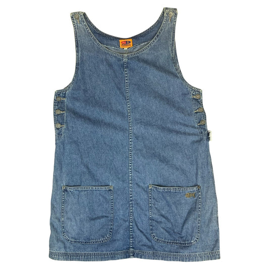 Vtg Y2K 'Fishbone' Blue Denim Relaxed Dungarees-Style Pinafore Mini Dress UK10