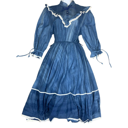 Vtg 90s 'Yessica' Blue A-Line Prairie White Frill Victorian Cottage Dress UK 10
