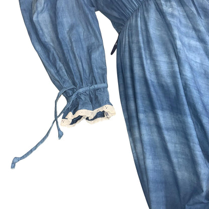 Vtg 90s 'Yessica' Blue A-Line Prairie White Frill Victorian Cottage Dress UK 10