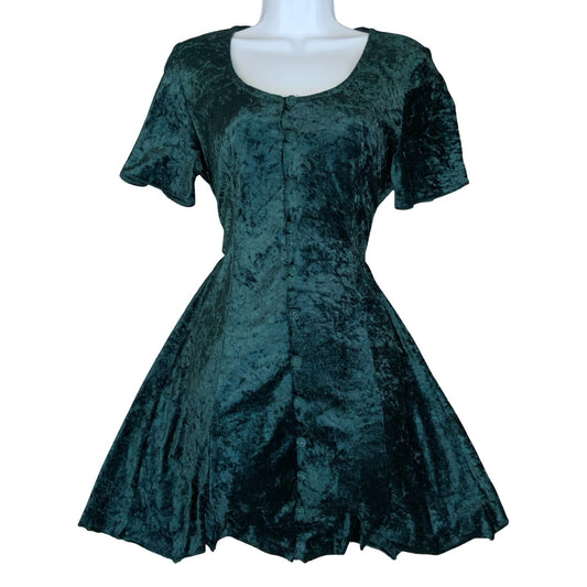 VTG 90s 'Etam' Green A-Line Velvet Fairy Goblin Cottage-core Mini Dress UK 10