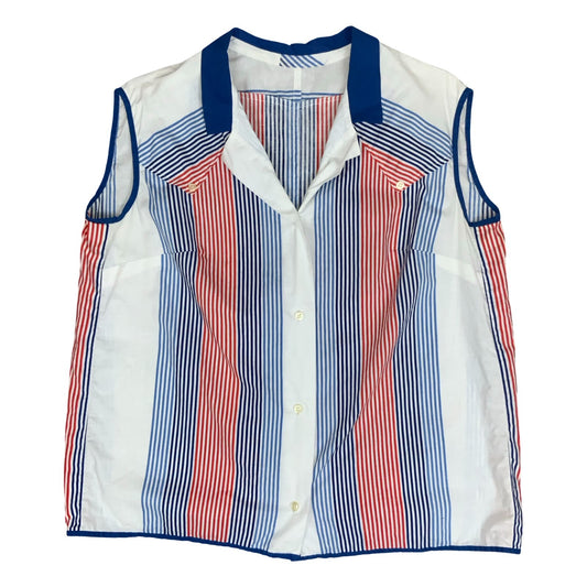 Vtg 80s White Blue Red Striped Casual Sleeveless Boxy Blouse UK 16