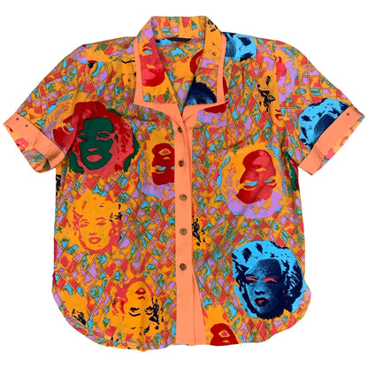 Vtg 'Shik Yee' Orange Blue Geometric Graphic Marilyn Monroe Art Shirt Blouse XL