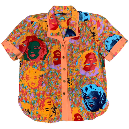 Vtg 'Shik Yee' Orange Blue Geometric Graphic Marilyn Monroe Art Shirt Blouse XL