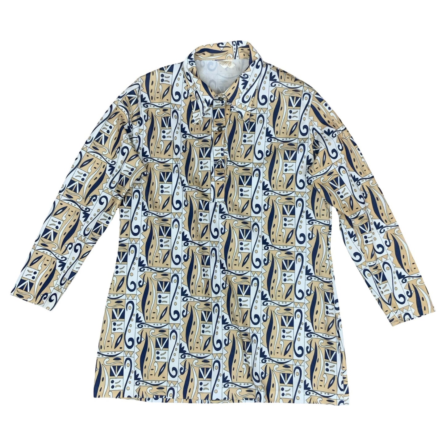 Vtg 70s 'Crimplene' Beige Blue White Geometric Paisley Tunic Top Shirt UK 12/14
