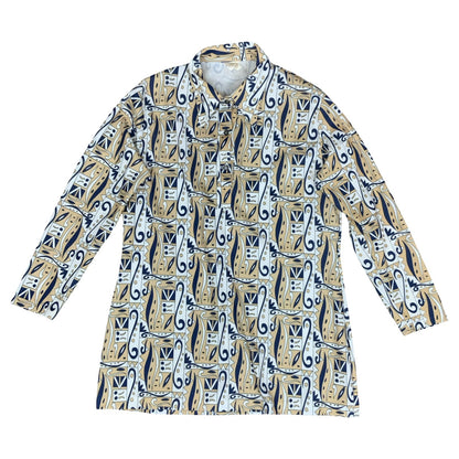 Vtg 70s 'Crimplene' Beige Blue White Geometric Paisley Tunic Top Shirt UK 12/14