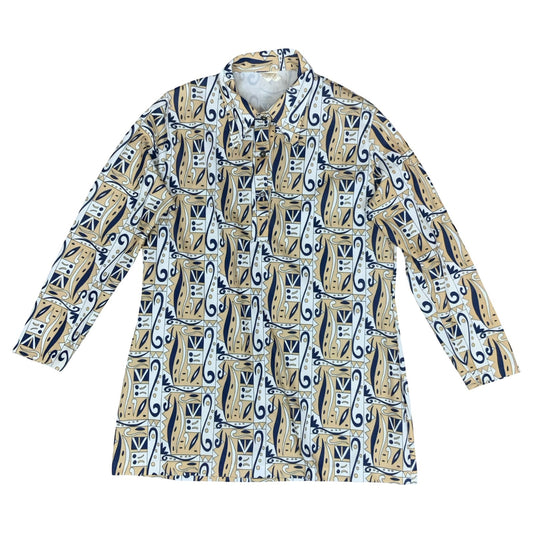 Vtg 70s 'Crimplene' Beige Blue White Geometric Paisley Tunic Top Shirt UK 12/14