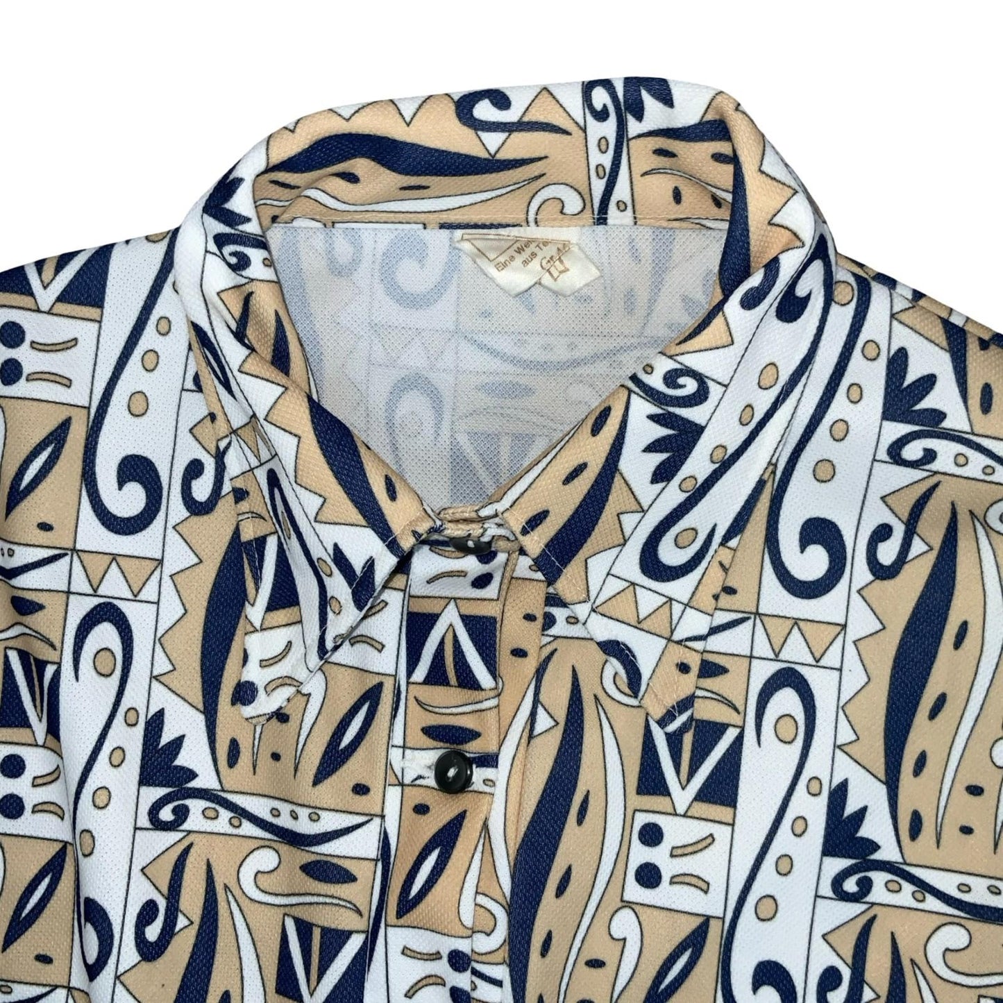 Vtg 70s 'Crimplene' Beige Blue White Geometric Paisley Tunic Top Shirt UK 12/14