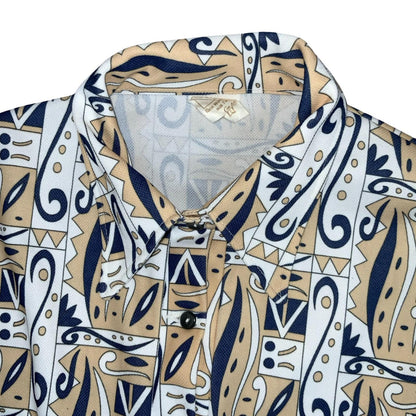 Vtg 70s 'Crimplene' Beige Blue White Geometric Paisley Tunic Top Shirt UK 12/14