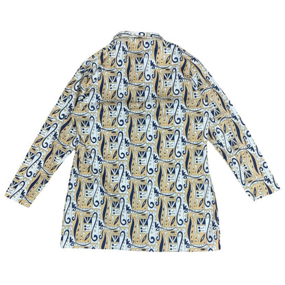 Vtg 70s 'Crimplene' Beige Blue White Geometric Paisley Tunic Top Shirt UK 12/14