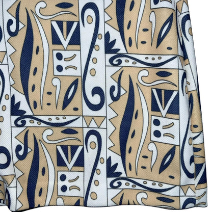 Vtg 70s 'Crimplene' Beige Blue White Geometric Paisley Tunic Top Shirt UK 12/14