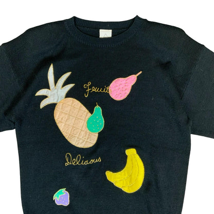 Vtg 80s/90s New Fast C&A Black Embroidered Fruits Short-Sleeve Knit Top UK 10/12