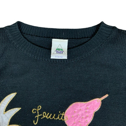Vtg 80s/90s New Fast C&A Black Embroidered Fruits Short-Sleeve Knit Top UK 10/12