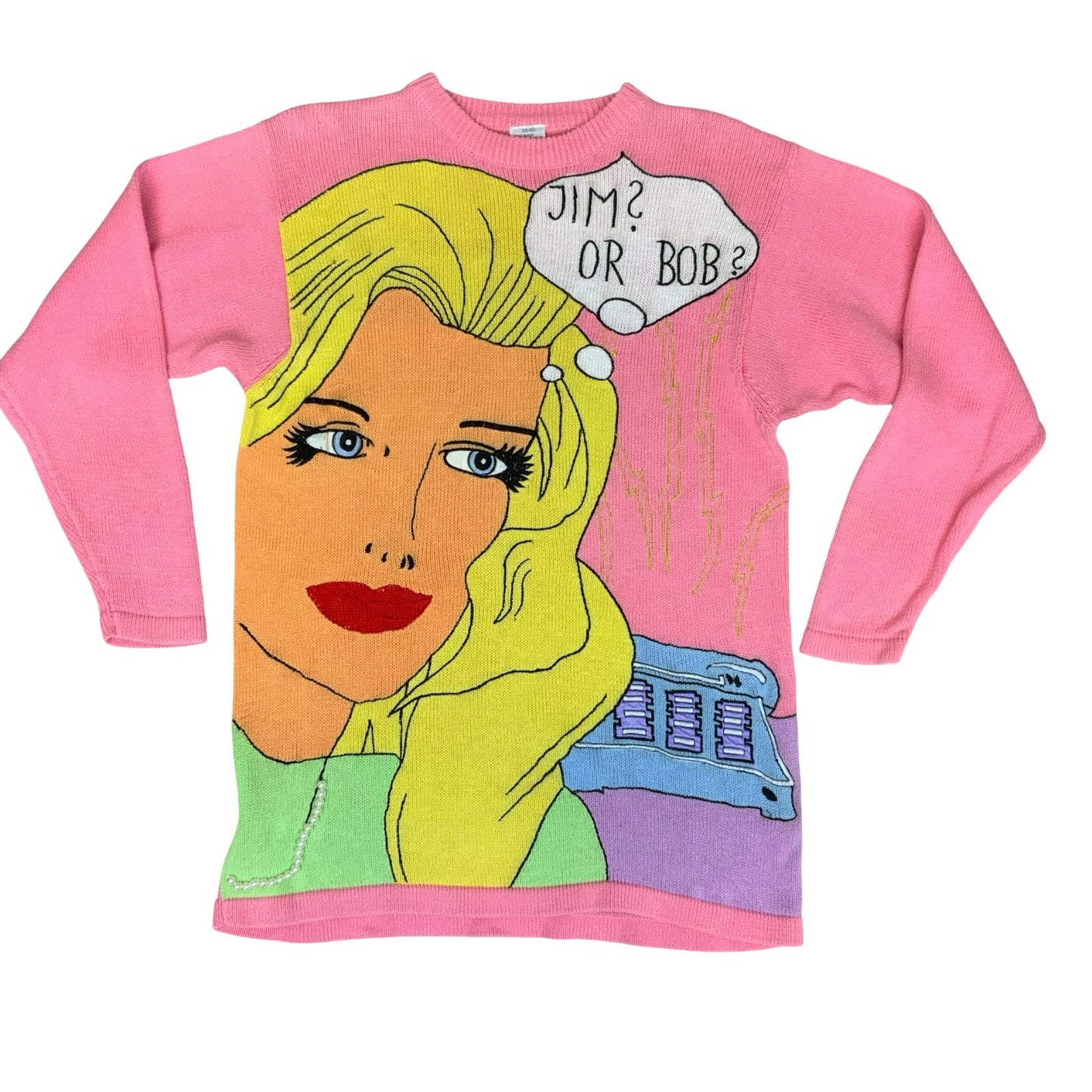 Pink Pop-Art Girl Cartoon 'Jim? or Bob?'  Oversize Pullover Knit Jumper UK 12/14