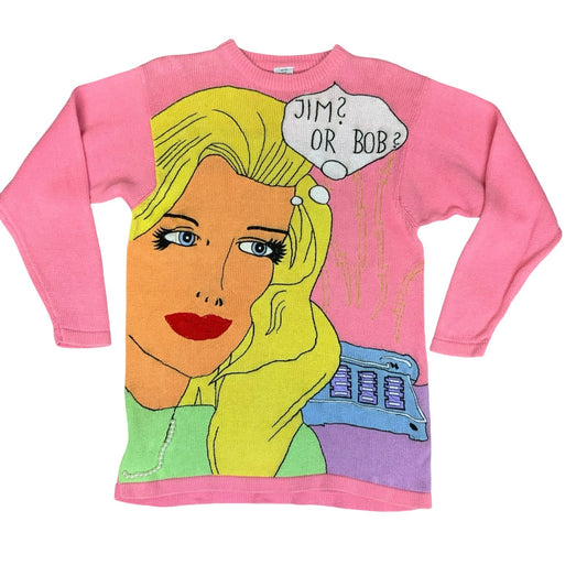 Pink Pop-Art Girl Cartoon 'Jim? or Bob?'  Oversize Pullover Knit Jumper UK 12/14