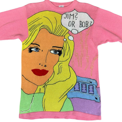 Pink Pop-Art Girl Cartoon 'Jim? or Bob?'  Oversize Pullover Knit Jumper UK 12/14