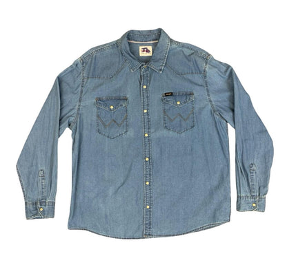 Vtg Wrangler Blue Denim Pearl Snap Western Yoked Cowboy Shirt XL 2XL