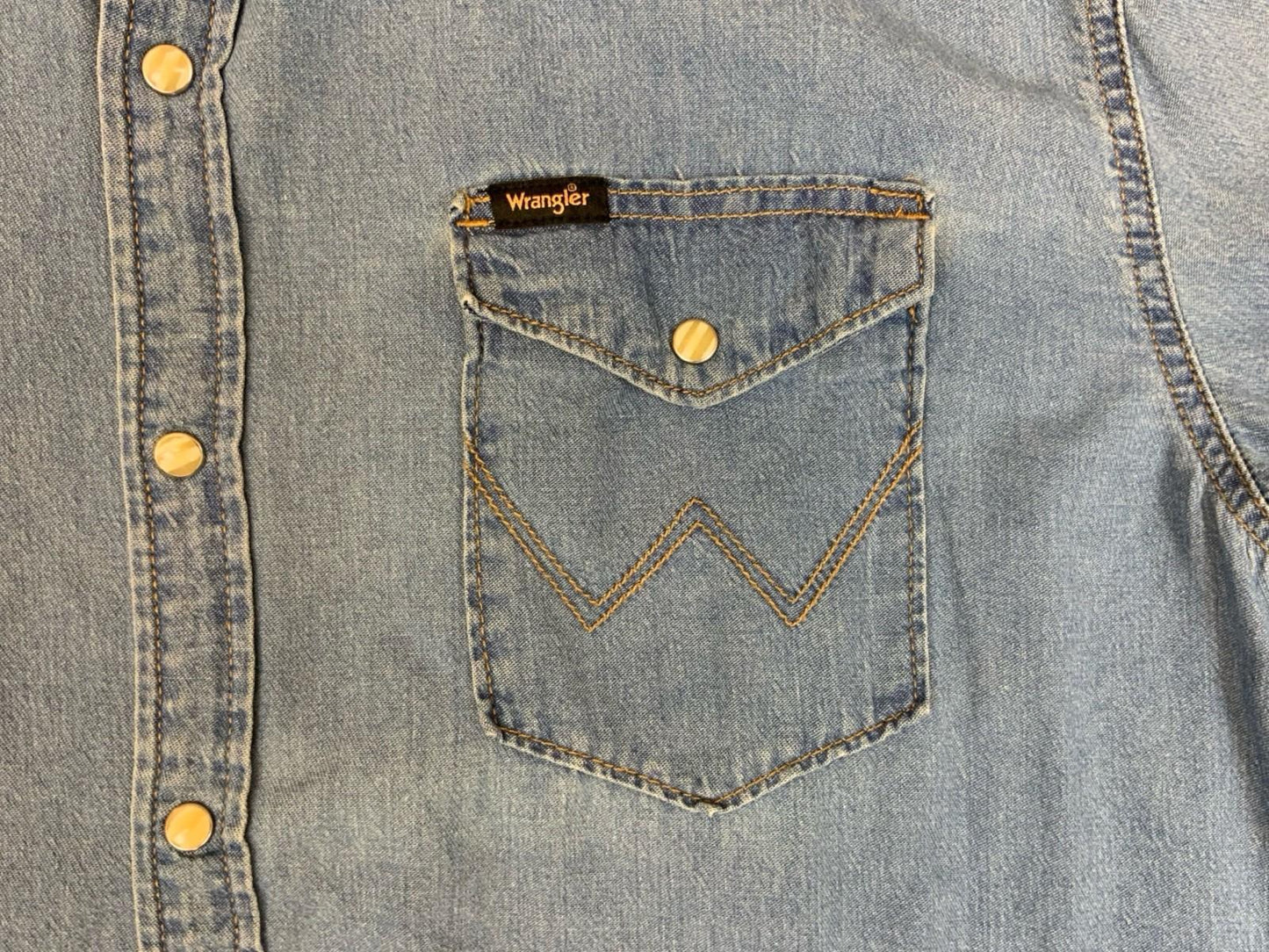 Vtg Wrangler Blue Denim Pearl Snap Western Yoked Cowboy Shirt XL 2XL