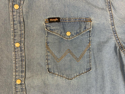 Vtg Wrangler Blue Denim Pearl Snap Western Yoked Cowboy Shirt XL 2XL