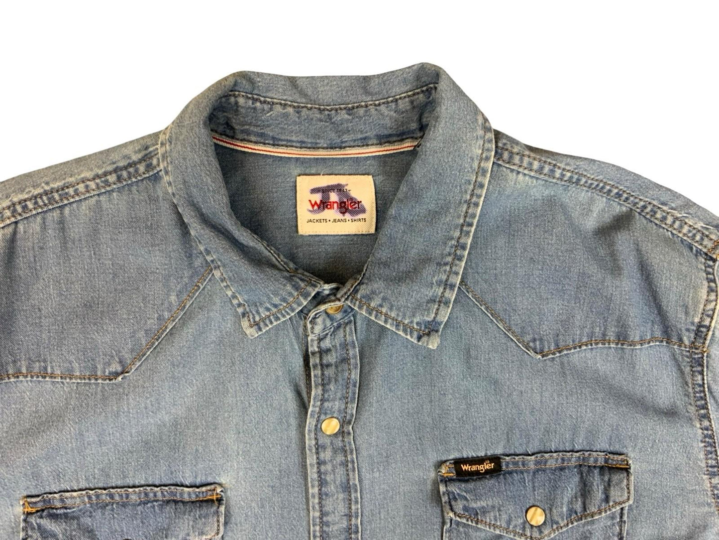 Vtg Wrangler Blue Denim Pearl Snap Western Yoked Cowboy Shirt XL 2XL