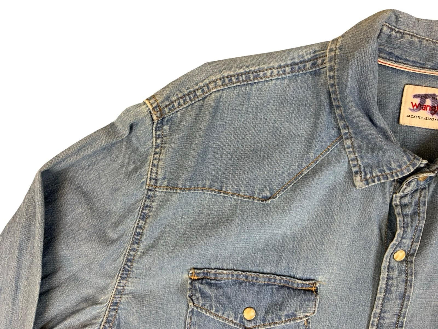 Vtg Wrangler Blue Denim Pearl Snap Western Yoked Cowboy Shirt XL 2XL
