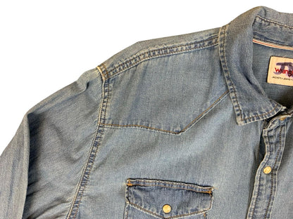Vtg Wrangler Blue Denim Pearl Snap Western Yoked Cowboy Shirt XL 2XL