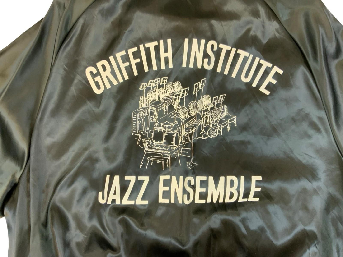 Vtg USA Hilton Black Griffith Institute Jazz Band Nylon Varsity Jacket 2XL