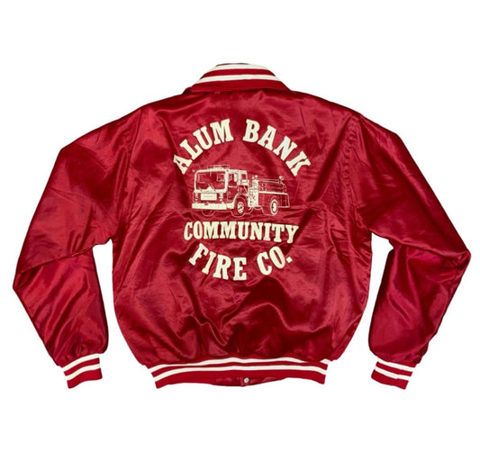 Vtg USA Red Windless Alum Bank Community Fire Co Judy Silky Varsity Jacket S
