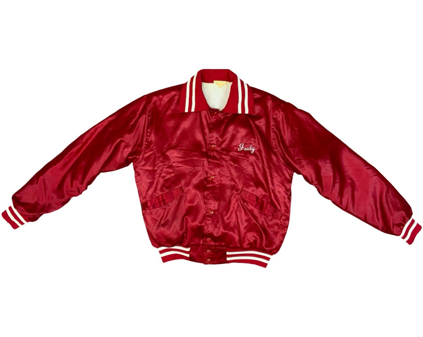 Vtg USA Red Windless Alum Bank Community Fire Co Judy Silky Varsity Jacket S